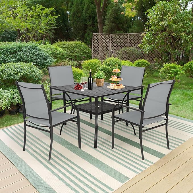 5-Piece Patio Dining Set,4 Person Outdoor Table and Chairs Set, 4 Metal Dining Chairs and Square Outdoor Table with 1.57" Umbrella Hole,Grey