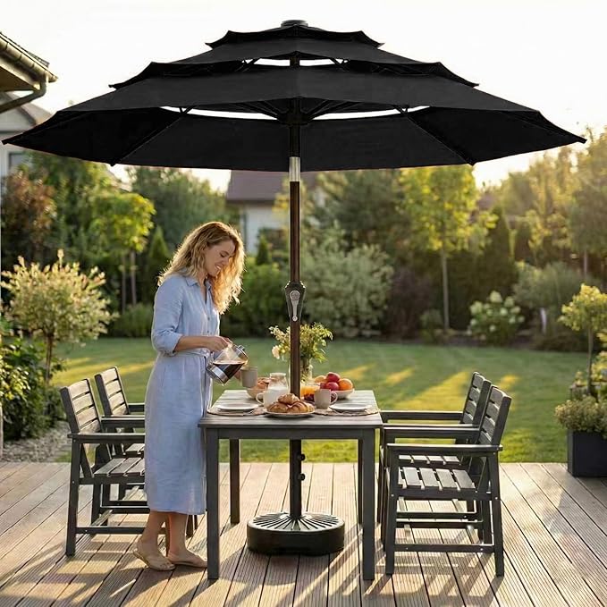 10ft 3-Tier Patio Umbrella with 32 Solar Powered LED Lights, Windproof Outdoor Market Umbrella for Deck, Poolside & Garden, Sturdy Push-Button Tilt Table Umbrella, Black