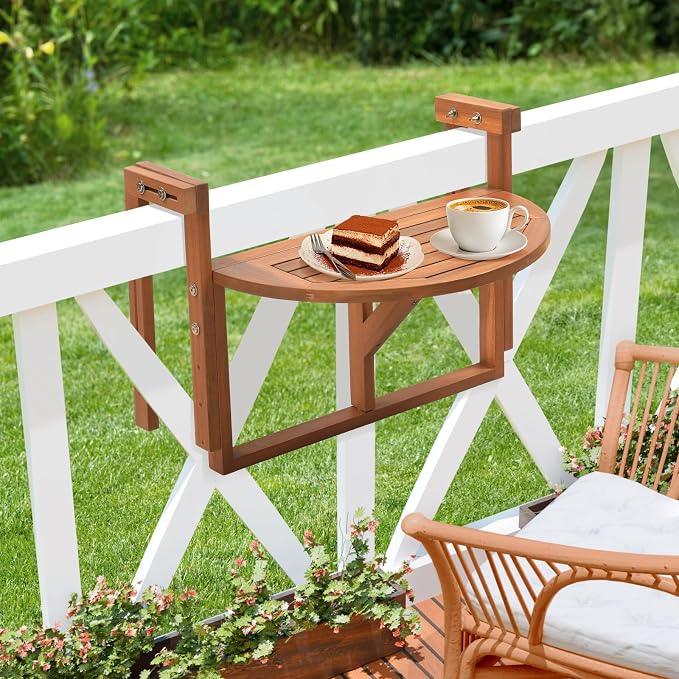 VINGLI 22in Acacia Wood Folding Balcony Hanging Table – Adjustable Height & Width, Balcony Railing Table Ideal for Different Railing Widths,Perfect for Balcony,Patio,Semicircular,Natural Wood Color