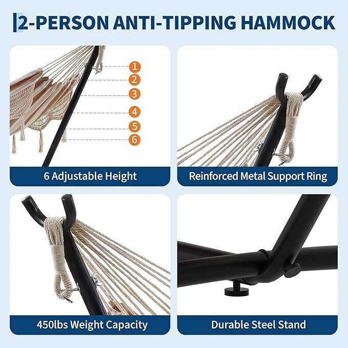 Double Hammocks with Stand for Outside, Heavy Duty Portable Outdoor Hammock with 6 Adjustable Height, Boho Style Hammocks, 450 LBS Weight Capacity, Perfect for Outdoor Indoor Patio Backyard Garden