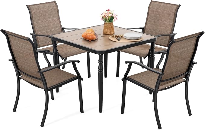NUU GARDEN 5-Piece Outdoor Dining Se4 Textilene Chairs & 37" Square Table with Umbrella Hole and Faux Wood Tabletop,Outdoor Furniture for Backyard, Deck, Yard, Garden,Black Brown