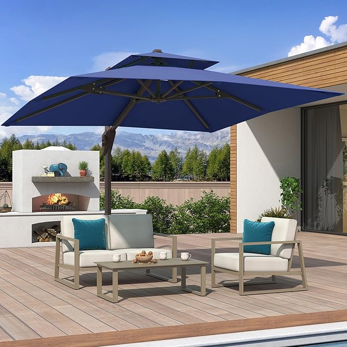 10x10 FT Cantilever Patio Umbrella Double Top Outdoor Square Large Heavy Duty Aluminum Offset Umbrellas with 7 Level Tilt 360-degree Rotation for Pool Garden Deck, Deep Navy