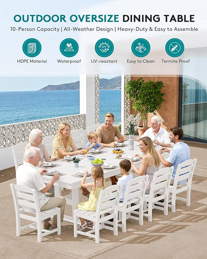 SERWALL Outdoor Armless Dining Chairs Set of 4, All-Weather HDPE Patio Chair with 19.7" Widened Seat, for Backyard, Garden, White