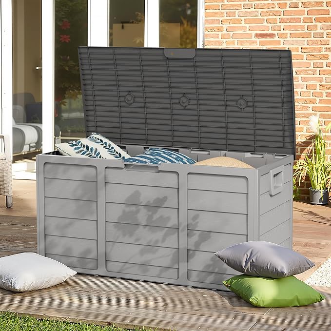 Crownland Outdoor 75 Gallon Storage Deck Box, Weatherproof Woodgrain Patio Storage Box for Balcony, Garden, Backyard (Grey)