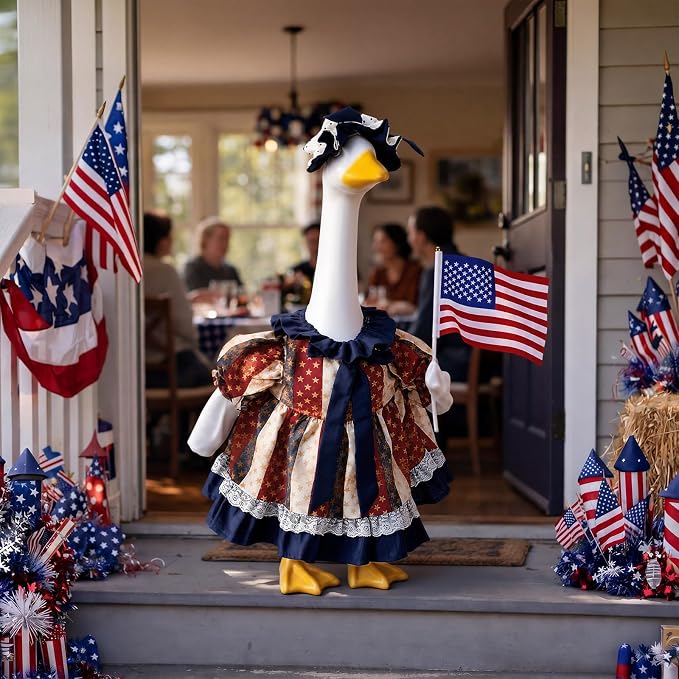 Outus Retro 4th of July Porch Goose Outfit Includes Independence Day Dresses Clothes Hat and American Flag 23 Inch Patriotic Goose Porch Clothing for 250th Anniversary Garden Yard Decoration