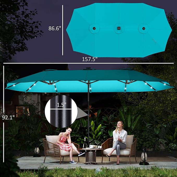 Outsunny 13ft Large Patio Umbrella with Solar Lights, Rectangular Double-Sided Outdoor Market Umbrella with Crank Handle and 48 LED Bulbs for Garden, Pool and Backyard, UPF 30+