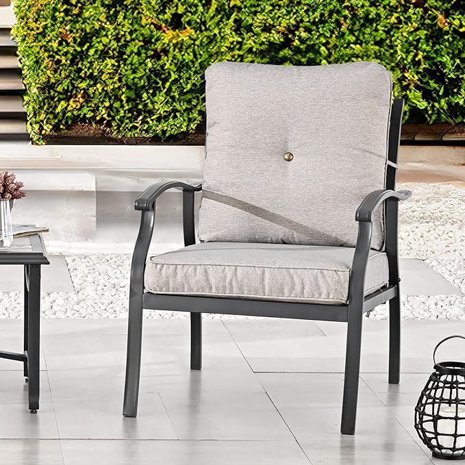 3 Pieces Patio Conversation Set Metal Outdoor Furniture Chairs with Cushion Tile-top Side Table (Grey)