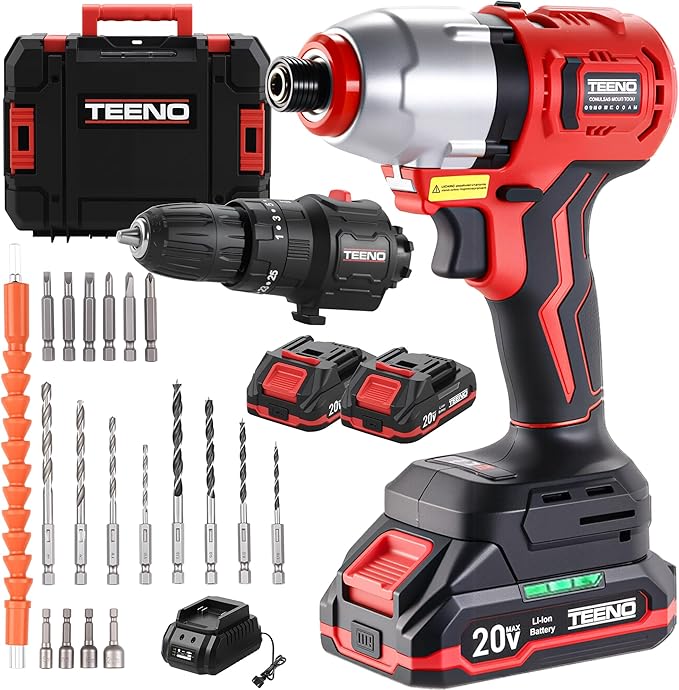 TEENO 20V Brushless Cordless Drill and Impact Driver Combo Kit, 2-in-1 Interchangeable Power Tool Set with 2x 1.5Ah Batteries, Fast Charger, 19 Pcs Drill Bits Accessories & Hard Storage Case