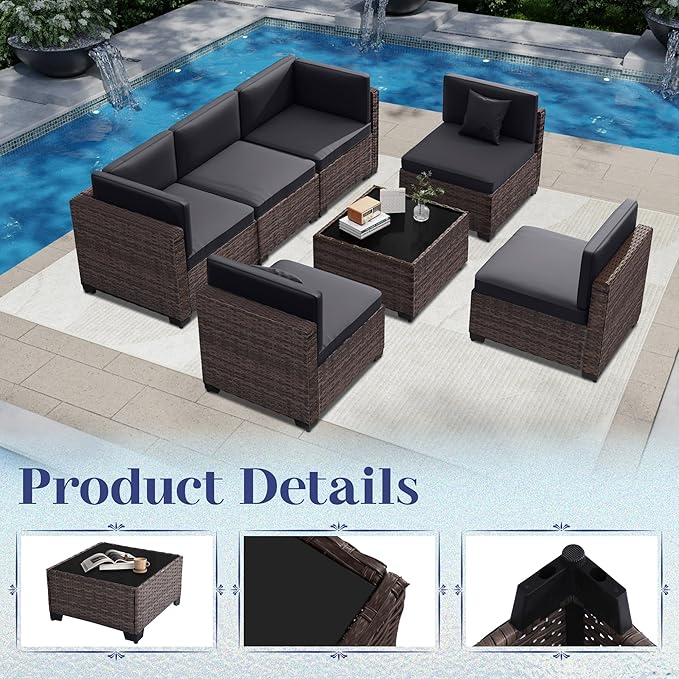 KIGOTY Patio Furniture Set,14 Pieces Modular Outdoor Sectional Sofa, PE Rattan Patio Conversation Set, All Weather Wicker Patio Furniture with Cushions and Coffee Table（Brown/Dark Grey）