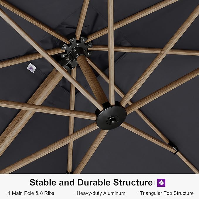 PURPLE LEAF 9FT Patio Umbrella With Base Square Cantilever Umbrella Teak Finished Aluminum Frame Large Windproof Offset Outdoor Sun Umbrellas for Beach Pool Deck, Grey
