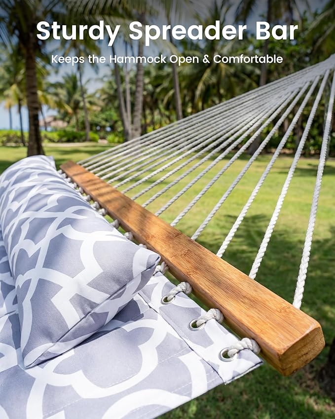 Double Quilted Outdoor Hammock for 2 Adults, 500lb Capacity Backyard & Camping Hammock with Pillow and Bamboo Spreader Bar, Fits 11–15ft Hammock Stands (Stand Not Included),Light Gray