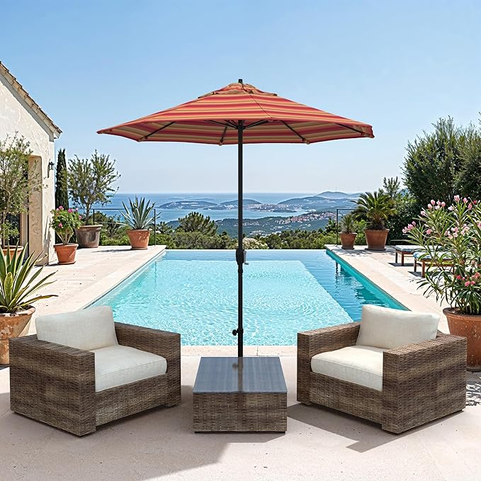 California Umbrella 12-Year Protection 7.5-Ft Outdoor Patio Umbrella, Sunbrella Fade-Resistant Fabric, Auto-Tilt, Heavy Duty Aluminum Frame, 8 Reinforced Ribs for Pool or Deck, Black Pole, Astoria Sunset