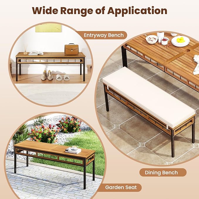 Tangkula 3 Pieces Wood Patio Dining Set, Outdoor PE Wicker Rectangular Acacia Wood Table and 2 Cushioned Benches with 1.97” Umbrella Hole, Outside Furniture Set for Deck, Garden and Backyard