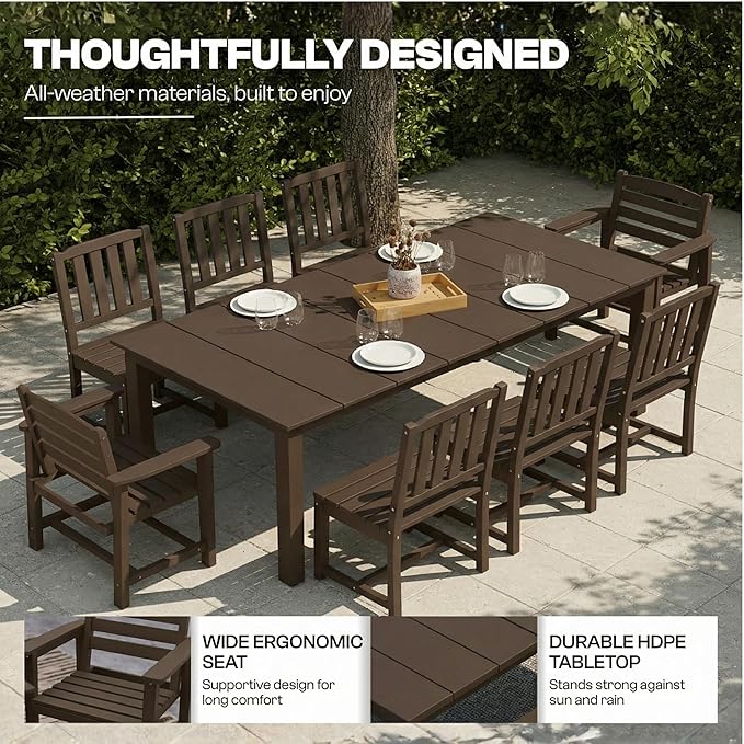 7-Piece Outdoor Dining Set for 6, 75.2" HDPE Patio Table with Umbrella Hole & 6 Chairs, Weather-Resistant Wood-Look Patio Furniture for Garden, Lawn, Deck, or Poolside (Brown)
