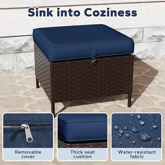 Patio Sectional Sofa Set | 78" 3-Seat Couch with 2 Ottomans, Outdoor Conversation Furniture Set, Outside Wicker Furniture with Washable Cushions (Navy Blue)