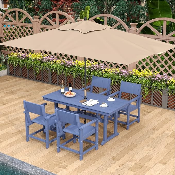 5-Piece HDPE Outdoor Patio Dining Set,Outdoor Table and Chairs,Modern Plastic Dining Sets with Umbrella Hole Cut-Out Table and 4 Chairs Navy