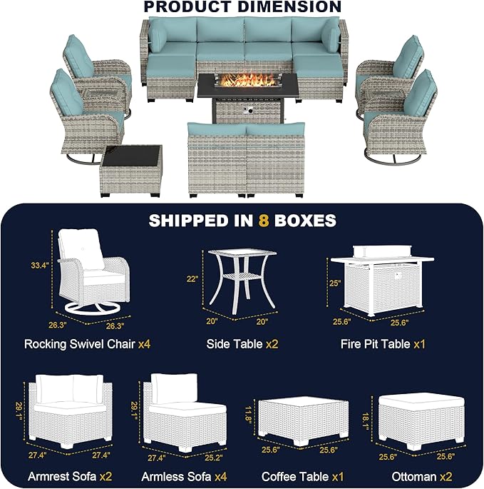16-Piece Outdoor Patio Furniture Set with Rocking Swivel Chair, Wicker Rattan Sectional Sofa Conversation Set with 55,000 BTU Fire Pit Table with Ottomans, Backyard Furniture, Light Blue