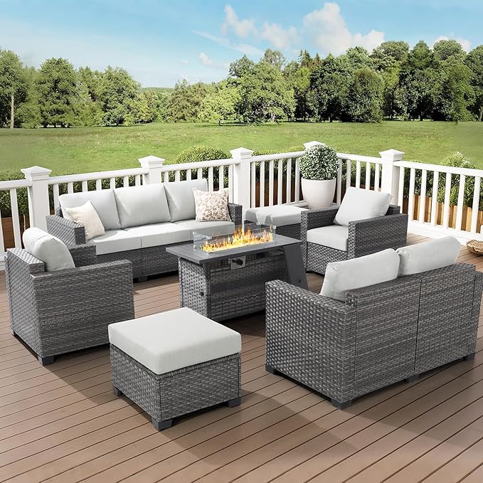 ABCASA 10-Piece Patio Furniture Set with Fire Pit Table | Indoor Comfort for Outdoor Living | Weather-Resistant Wicker & Ultra-Thick Cushions | Grey Patio Conversation Set for Deck, Porch, Poolside