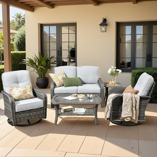 Weaxty Wicker Patio Furniture Set with Swivel Rocker Chairs Outdoor Loveseat Sofa and Rattan Coffee Table, 5 Pieces Outdoor Conversation Sets for Patio Porch Deck Backyard Poolside, Light Gray