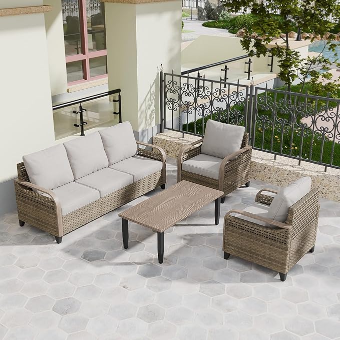 COOS BAY Modern Wicker Outdoor Furniture Set, 4 Piece Patio Conversation Set with 2 Patio Chairs, a 3 Seat Couch and Side Table, 4 Piece, Brown/Gray