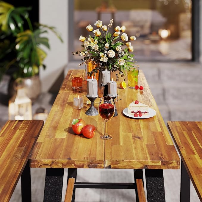 Giantex 4.5FT Picnic Table Bench Set for 4, Acacia Wood Outdoor Dining Table Set, 2" Umbrella Hole, Heavy Duty Metal Frame, Footrest Bar, Large Rectangular Tabletop for Porch Patio Lawn Garden
