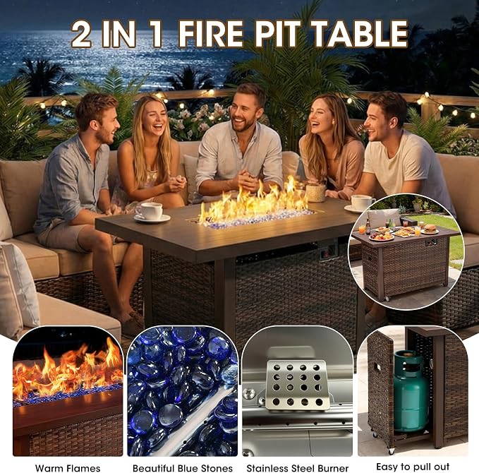 7 Piece Patio Furniture Set with 44" Fire Pit Table, Outdoor Sectional Couch, PE Rattan Patio Conversation Sets with 4inch Cushions for Backyard Grey (GY)