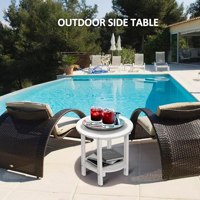 Round Adirondack Outdoor Side Table, 17.7" Small Patio End Table, 2-Tier HDPE Plastic Table for Poolside Porch Garden, Weather Resistant & Easy Assembly (White)