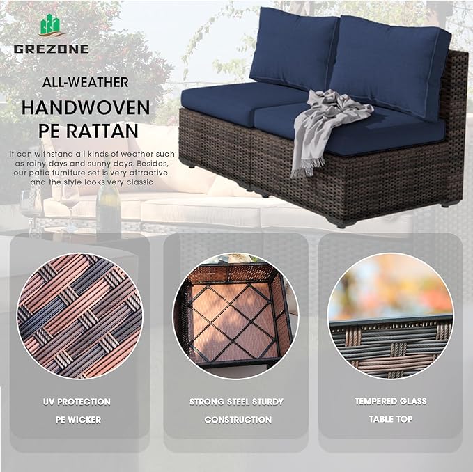 Grezone 9 Piece Patio Furniture Set with 44" Fire Pit Table, Outdoor Sectional Couch, PE Rattan Patio Conversation Sets with 4inch Cushions for Backyard Deep Blue (NY)