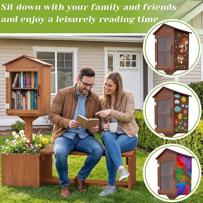 Wonderjune 3-in-1 Little Library Box Outdoor with Bench & Planter DIY Paintable Lending Free Library Pine Wood Neighborhood Share Box Ground Mount Kit for Yard Garden Community School(Dark Brown)