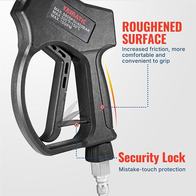 YAMATIC Stainless Steel Short Pressure Washer Gun 5800 PSI with Swivel 3/8" Plug, Easy Pull Trigger High Power Washer Handle with 1/4" Quick Connect for Foam Cannon Gun Car Wash
