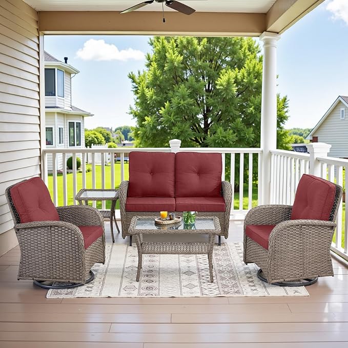 Belord 5 Piece Wicker Patio Furniture Set - Outdoor Conversation Sets with Deep Seating Swivel Rocker Chairs Loveseat and Rattan Coffee Table for Deck Backyard Poolside, Gray Wicker/Red Cushion