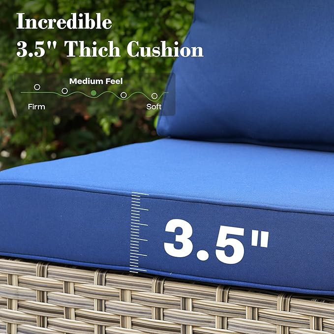 6 Pcs Patio Furniture with Fire Pit Table, Outdoor Rattan Wicker Conversation Set with Glowing Coffee Table, Comfy Sectional Sofa for Porch Balcony Backyard Pool, Blue