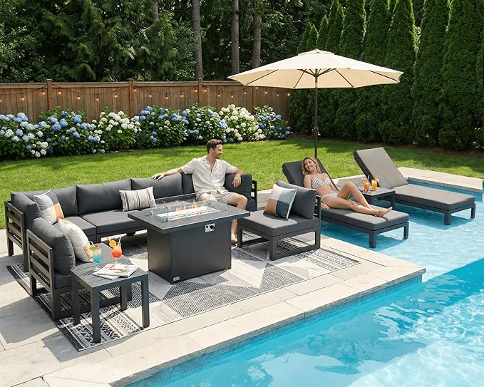 NICESOUL Aluminum Patio Furniture Set with Chaise Lounge & Firepit, 11 Piece Large Modular Outdoor Sectional Couch, 29" Deep Wide Seating, 500 lbs Heavy Duty Conversation Sofa for Deck, Dark Gray