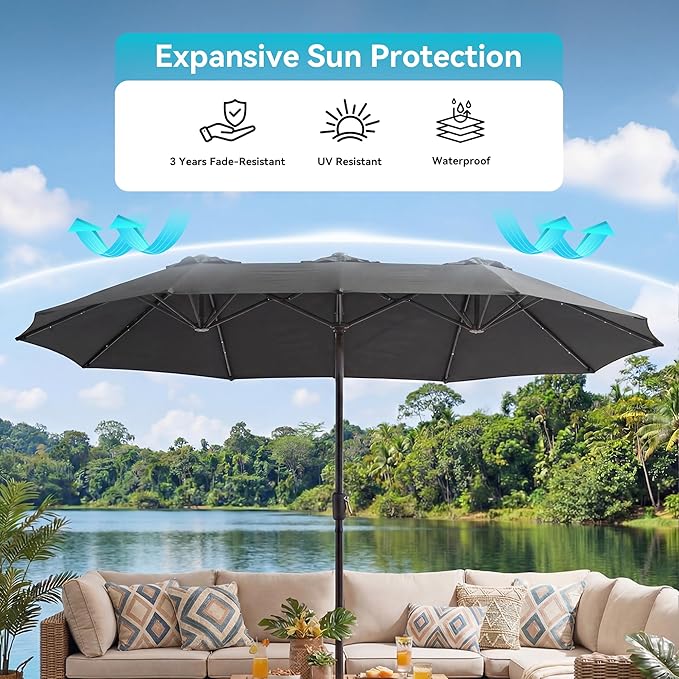 COSIEST 13FT Patio Umbrella with Solar Lights, Outdoor Double-Sided Table Umbrella,Large Rectangular Market Umbrella w Crank Handle for Garden, Pool, Deck Shade, Dark Gray