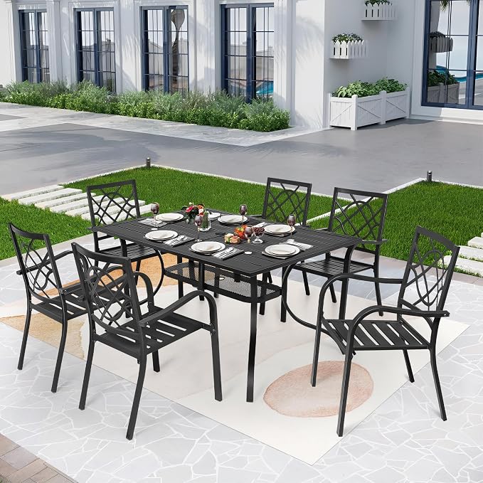 SUNCROWN 8-Piece Outdoor Wrought Iron Chairs and Table Patio Dining Furniture Set - 6 Stackable Metal Chairs, 1 Steel Slat Bistro Table and 1 Sky Blue 9Ft Patio Umbrella for Garden Backyard Deck
