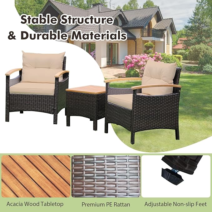 KOTEK 3-Piece Patio Furniture, Outdoor Conversation Set with Removable Cushions, Acacia Wood Tabletop and Armrests, PE Rattan Wicker Bistro Set for Porch, Balcony, Backyard (Beige)