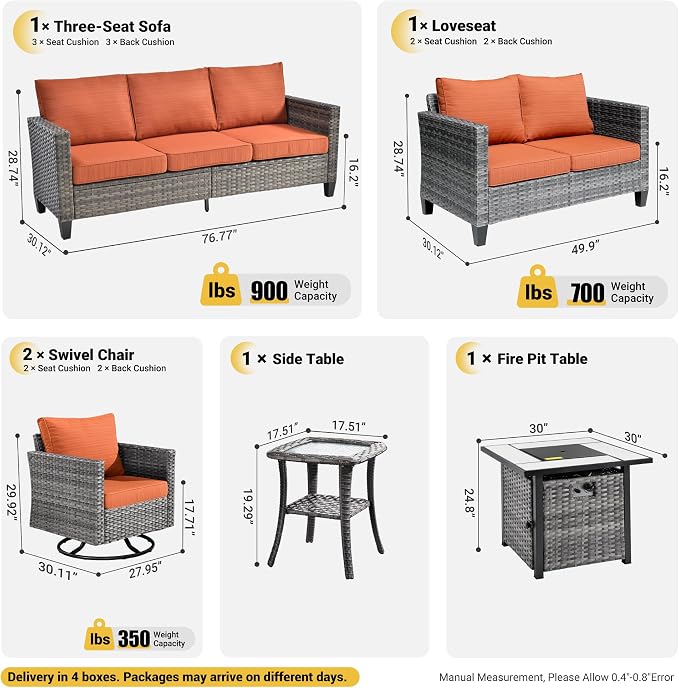 ovios 6 Pieces Patio Furniture Set with Square Fire Pit Table, Swivel Rocking Chairs, Loveseat, Outdoor High Back Wicker Rattan Conversation Set for Deck Porch, Orange Red