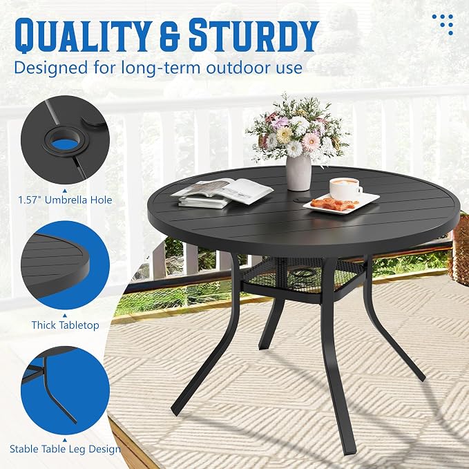 SUNCROWN 5 - Piece Outdoor Dining Set, Patio Furniture Set with 4 x Textilene Dinning Chairs and 41" Metal Round Table with Umbrella Hole for Lawn Garden Backyard Deck, Black