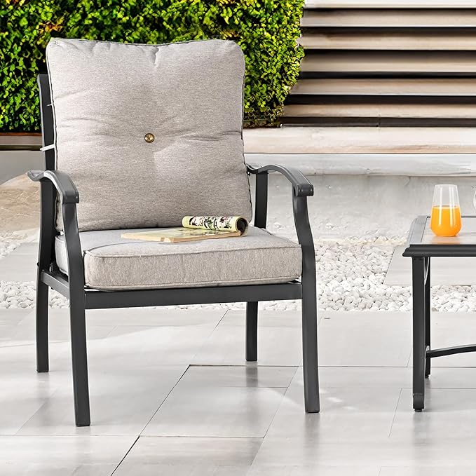 3 Pieces Patio Conversation Set Metal Outdoor Furniture Chairs with Cushion Tile-top Side Table (Grey)