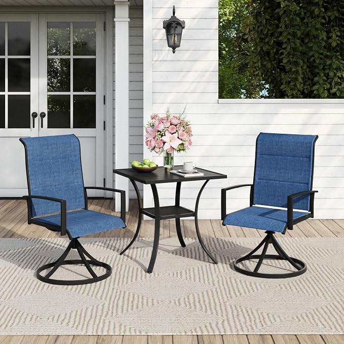 Outdoor Dining Set for 2, 28" Metal Square Outdoor Dining Table and Padded Textilene Patio Swivel Chairs, 3 Pieces Patio Table and Chairs Set for Garden Backyard, Dark Blue and Black