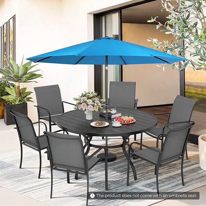 Incbruce 8 PCS Patio Dining Set with Sky Blue Umbrella, Outdoor Dining Set of 6 Textilene Chairs and 53" Round Table with Umbrella Hole for Backyard, Garden, and Poolside (Grey)