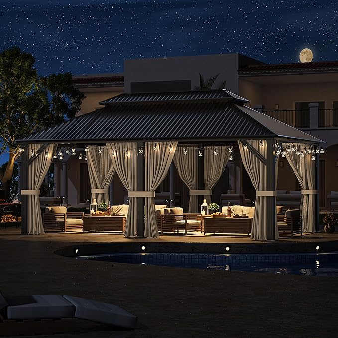AirWire 12'x20' Outdoor Gazebo Hardtop Grill Gazebo Aluminum Galvanized Steel Double Roof Outdoor Pergola Include Curtain and Netting for Backyard, Patio, Lawn