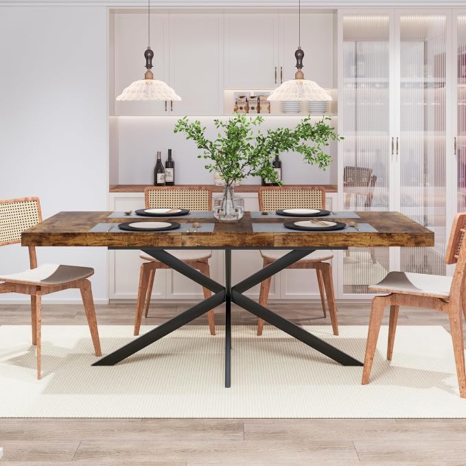 55.11" -70.86" Extendable Dining Room Table, Retro Folding Dining Tables for 4-6 People with Antique Wood Top/Black Fine Sand Cross Iron Foot Base/Storage Box, Brown
