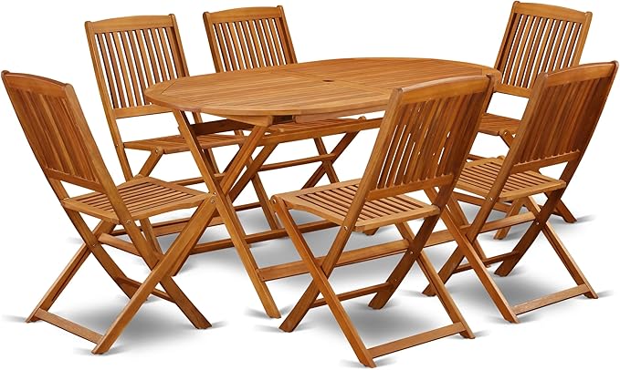 East West Furniture DICM7CWNA 7 Piece Patio Dining Set Consist of an Oval Outdoor Acacia Wood Table and 6 Folding Side Chairs, 36x60 Inch, Natural Oil