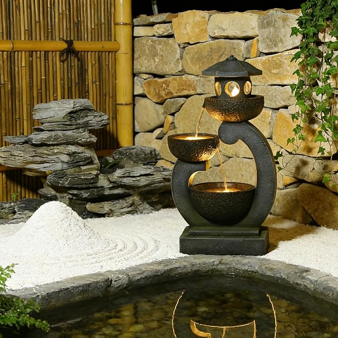Bumilgar 35.24”H Zen Outdoor Water Fountain Garden, Japanese Lantern Multi-Tier Waterfall Fountain Water Feature with Lights for Patio, Garden & Porch