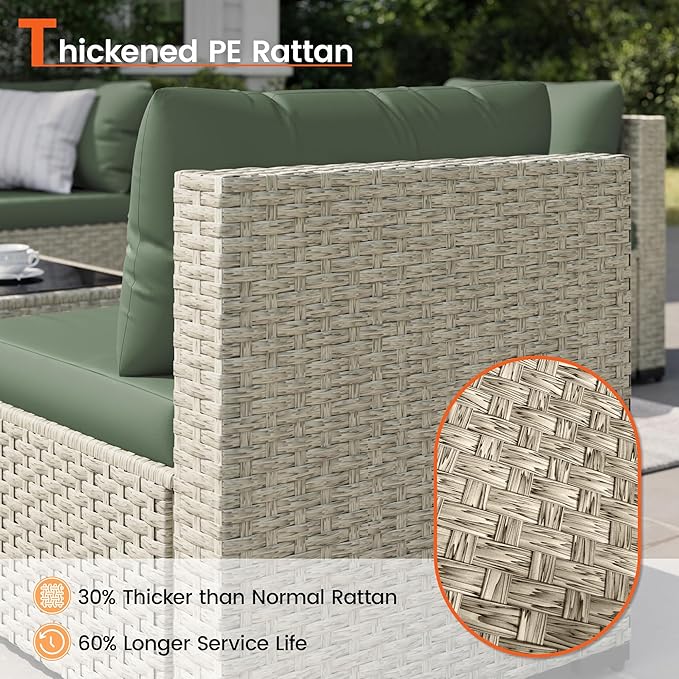 8 Piece Patio Furniture Set with 44" Fire Pit Table, Outdoor Sectional Wicker Rattan Sofa Set with Coffee Table (Green/Grey)