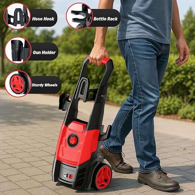 Electric Pressure Washer, 2.5 GPM Power Washer with Foam Cannon, Electric High Pressure Washer with 4 Quick Connect Nozzles for Cars, Driveways, Fences, Patios, Home Cleaning