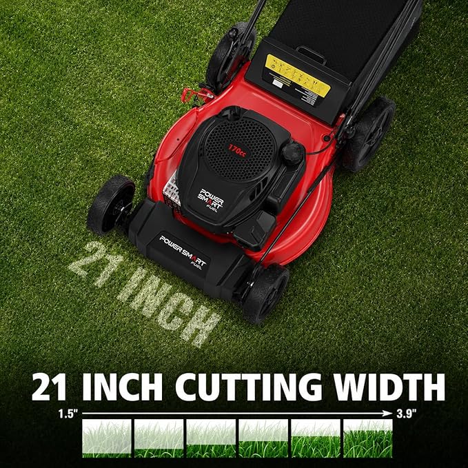 PowerSmart 21-Inch Gas Self-Propelled Lawn Mower, 170cc OHV Engine, Reinforced Steel Deck, 3-in-1 Bagging/Mulching/Rear Discharge, 6 Cutting Heights (1.5"–3.9"), 10" Rear Wheels, Foldable Handle