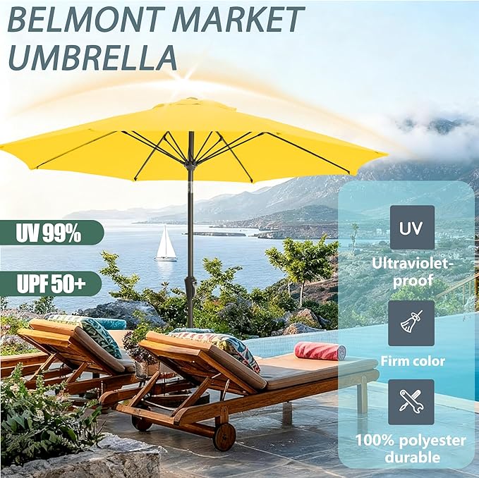9FT Outdoor Patio Umbrella Outdoor pool Umbrella with Push Button Tilt and Crank, Market Umbrella 8 Sturdy Ribs UV Protection for Garden, Deck, Backyard (Yellow)