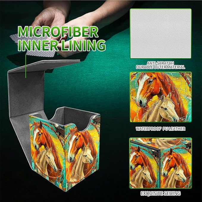 Deck Box for MTG, Cards Storage Box Fits 120+ Sleeved, Leather Medium Size Strong Magnetic Closing Card Case for Board Games Magic TCG CCG Baseball Collection, Two Horses Paving Dream Net